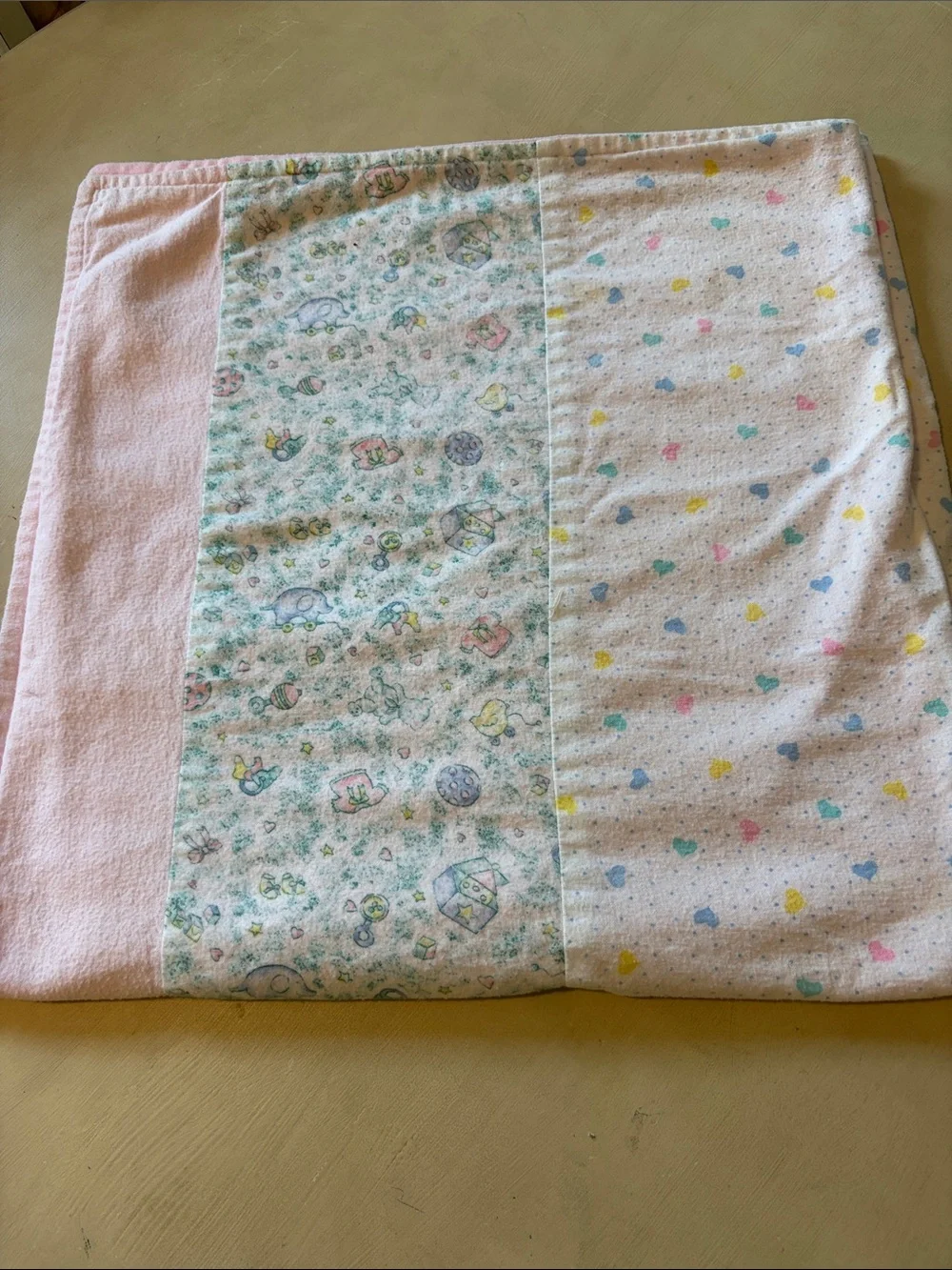 Vintage Hand Crafted Pastel Flannel Striped Baby Throw in Yellow, Pink, Cream